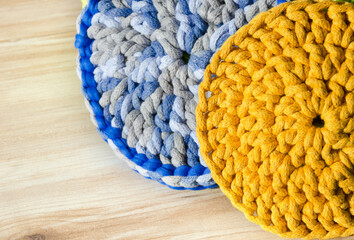 Cotton yarn. Blue and yellow cotton cord pattern.