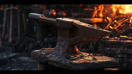 A symbolic image of a well-used blacksmith's anvil and tools, representing the traditional craftsmanship and labor that has shaped societies throughout history, in breathtaking