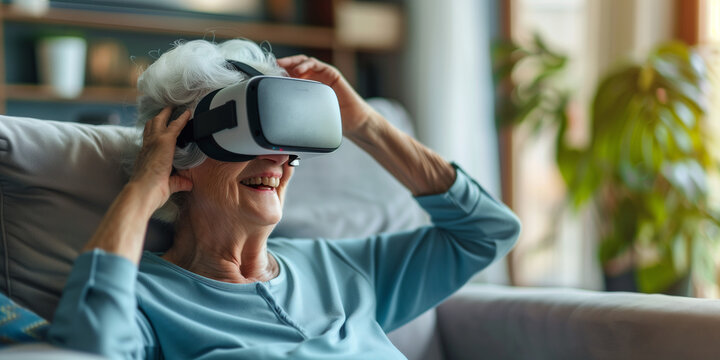 mature adult old senior woman wear vr headset, Virtual reality headset. while explore digital virtual world fun enjoy technology of vr in living room at home