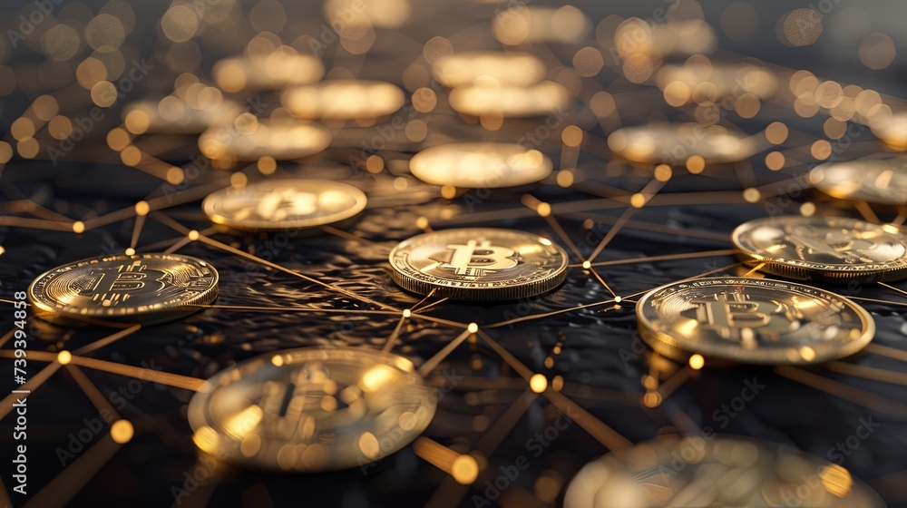 Aufkleber a close-up digital illustration of golden bitcoin coins on a network grid, representing blockchain t