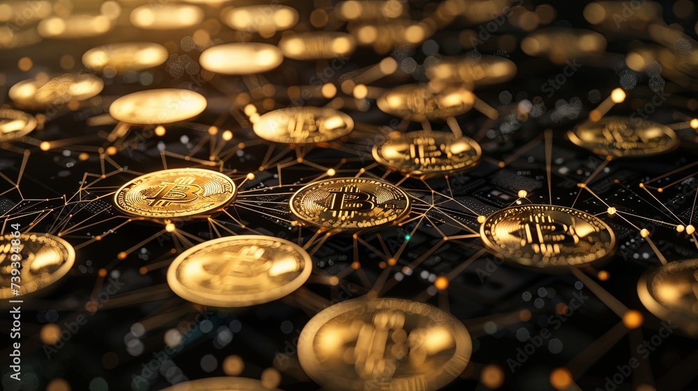 Aufkleber a close-up view of shiny golden bitcoin tokens on a digital network grid, symbolizing cryptocurrency