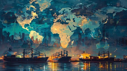 Obraz na płótnie Canvas Global Trade Concept with Ships and World Map Illustrative digital artwork depicting cargo ships at a harbor overlaid with a stylized world map, symbolizing global trade and logistics.