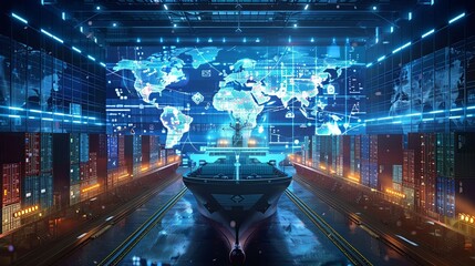 A high-tech cargo ship is docked in a futuristic port with digital world map interface, symbolizing global trade and cyber technology. Futuristic Cargo Ship in Cybernetic Global Trade Hub

