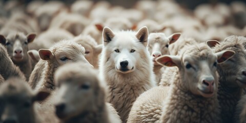 A cunning wolf blends in with sheep representing individuality amidst conformity or concealed threats. Concept Identity, Individuality, Deception, Survival, Blending In - obrazy, fototapety, plakaty