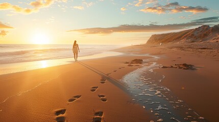 A solitary person walks along the shore at sunrise, casting a long shadow and leaving a trail of footprints in the soft sand. Person Walking Alone on Beach at Sunrise

