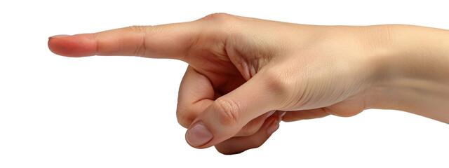 Woman's hand points a finger at something isolated on transparent background. High resolution product. Close up