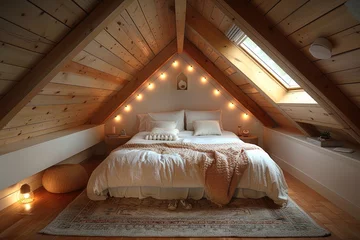 Poster The cozy attic bedroom is adorned with warm lights on the wall, casting a comforting glow over the plush bedding and rustic wood beam ceiling © Larisa AI