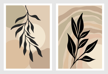 Set of Boho aesthetic abstract botanical wall arts. Trendy posters for Scandinavian, japandi interior design in neutral pastel colors. Bohemian collage prints. Mid Century Modern Vector illustrations.