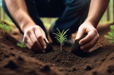 closeup of hands planting pine tree seedling in forest soil. sustainable forestry, renewable resources 