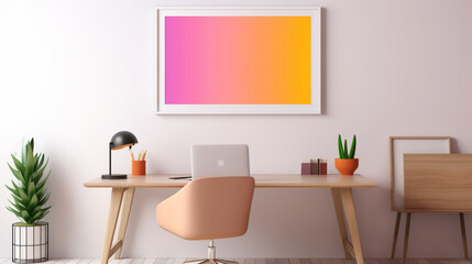 A modern workspace with a blank white empty frame on the wall, highlighting a colorful, minimalist landscape art print.