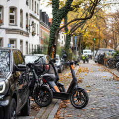 Obraz na płótnie Canvas Electric Scooter Parked on a Leafy Street