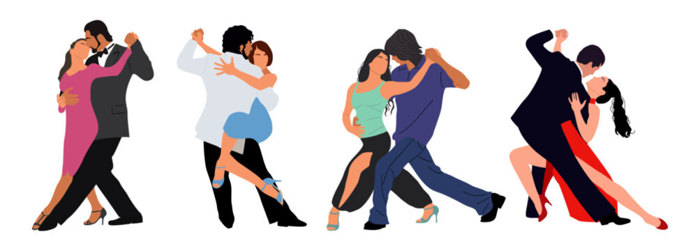 Set of different Dancing Couples, Dancers Tango, Salsa, Bachata, Flamenco, Latina Dance. Young men and women in dance poses. Vector realistic illustration isolated on transparent background.