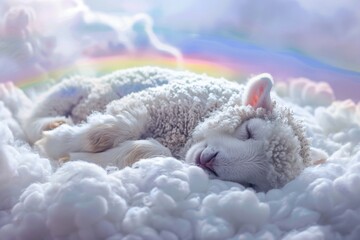 A cozy scene of a fluffy animal sleeping on a cloud with a rainbow faintly visible in the background