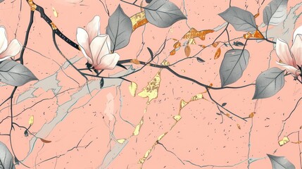 Japanese art vibes, pastel leaves and flowers with silver and gold kintsugi patterns on a branch