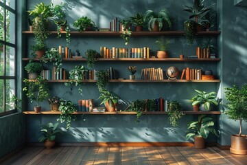 A charming indoor garden graces a sunny window shelf with lush houseplants and vibrant flowers blooming in delicate vases and pots - obrazy, fototapety, plakaty