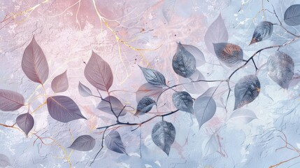 Japanese art vibes, pastel leaves and flowers with silver and gold kintsugi patterns on a branch
