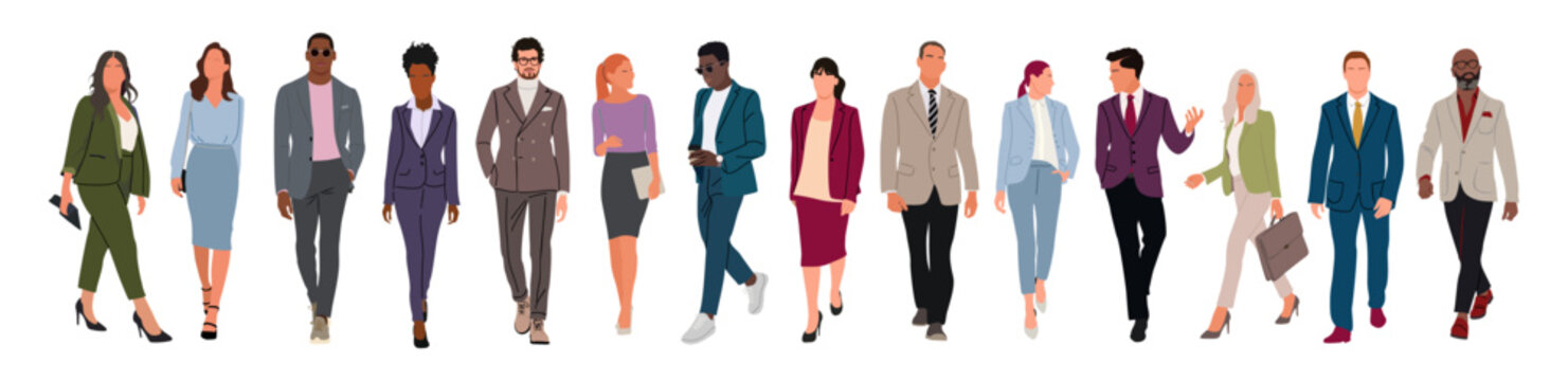 Business people walking. Vector illustration of diverse cartoon men and women of various ethnicities, ages and body type in office outfits. Big Set of different business characters Isolated.