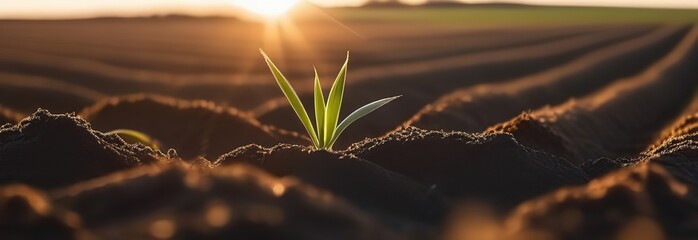 A young wheat seedling emerges on a vast farm, basking in the warm glow of the early afternoon sun - obrazy, fototapety, plakaty