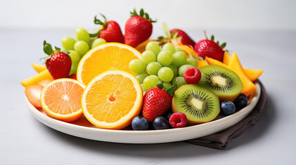 Naklejka na ściany i meble Side view of colorful raw cut fruits including oranges, kiwis, mangoes, strawberries and blueberries on white plate, light background