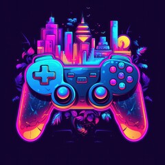 Retro videogame controller in neon style