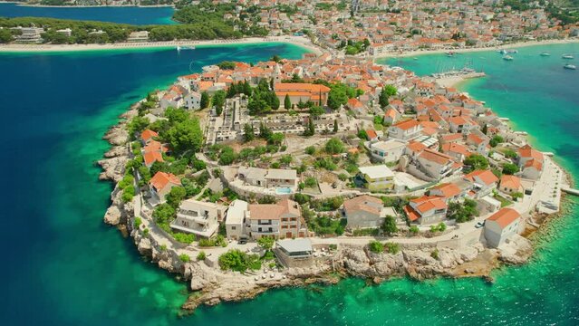 Aerial view of the picturesque Primosten town, Adriatic sea, Croatia