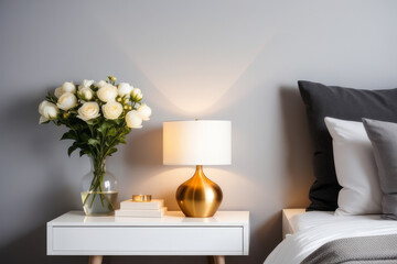 A lamp and flowers on the bedside table in the bedroom. Home interior in a modern style.