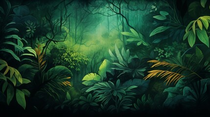 A captivating digital background design with an abstract representation of a lush rainforest, featuring diverse flora and a rich green canopy, suitable for a wild and adventurous background