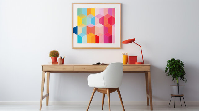 A modern workspace with a blank white empty frame on the wall, highlighting a colorful, minimalist still-life painting.