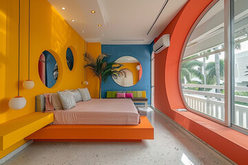 Modern bedroom design with bold pop art decor and vibrant red accents.