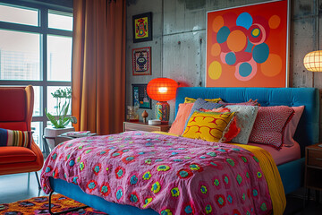 Modern bedroom design with bold pop art decor and vibrant red accents.
