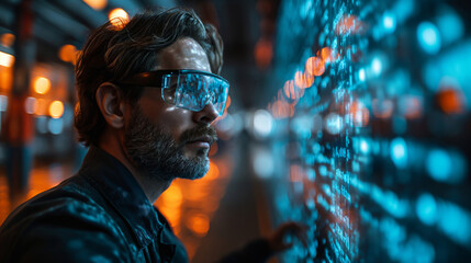 closeup of young businessman wearing glasses analyzing computer