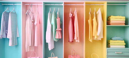 A neatly organized closet displays a color-coordinated selection of clothes and accessories, offering visual harmony.