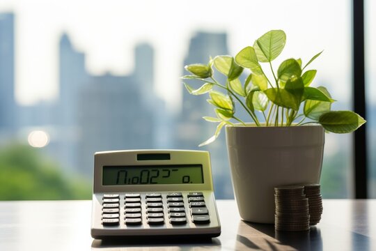 Young plant atop stacked coins on a calculator, symbolizing investment growth.