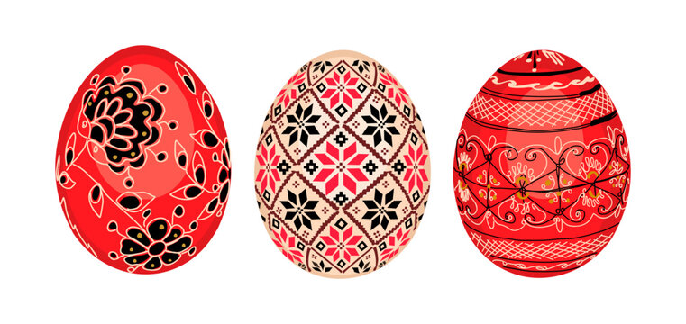Set of easter eggs with traditional Ukrainian cross-stitch ethnic pattern, folk red and black ornament. Gift for Spring Holidays in April. Vector realistic illustration isolated on white background