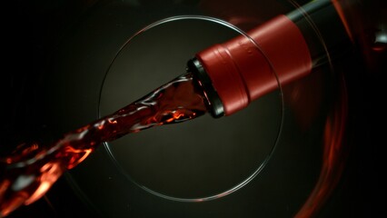 Freeze Motion Shot of Red Wine Pouring, Unique Angle of View from the Bottom of the Glass