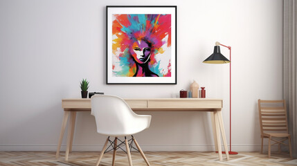A modern workspace with a blank white empty frame on the wall, highlighting a colorful, contemporary portrait art print.