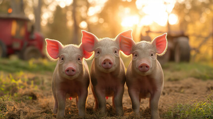 three little piggies standing at sunset