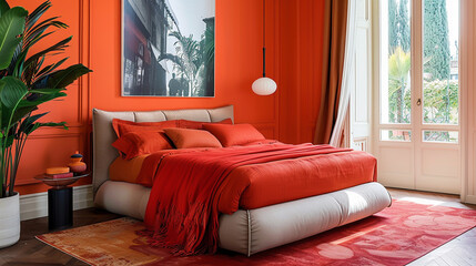 Orange-themed bedroom with a plush bed setup, elegant decor, and refreshing indoor plants.