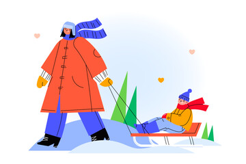 Happy family winter flat illustration, mom and son playing in the snow