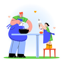 Happy family in the kitchen flat illustration, dad and daughter cooking a cake together