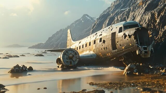 Abandoned plane on the beach Footage 4k