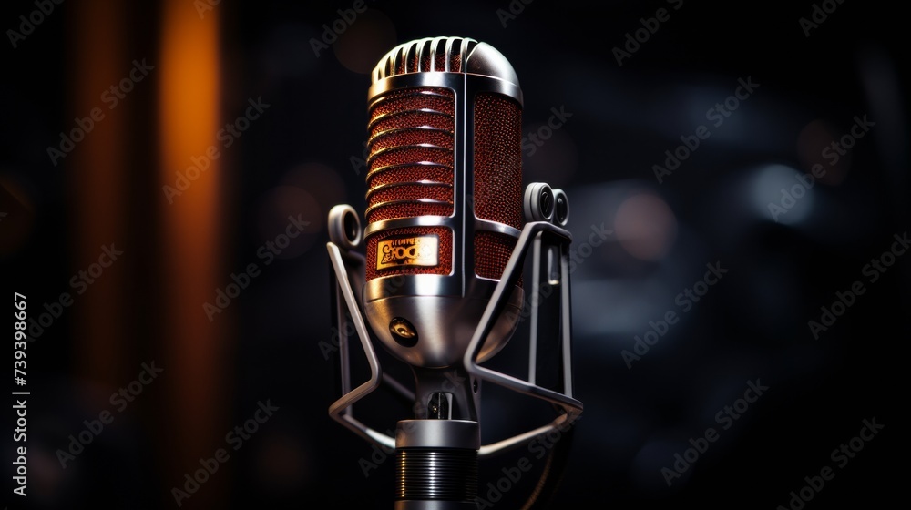 Poster condenser microphone with pop filter in a professional recording studio with ambient lighting.