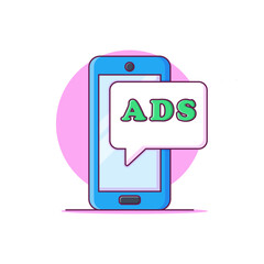 Mobile advertising concept on white background cartoon vector illustration. Smartphone with advertising notification on screen