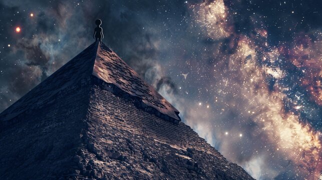 A lone alien on a pyramid gazing at the stars pondering the universal links between species