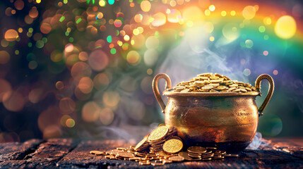 Vintage pot of gold coins on rustic surface, ethereal lights and bokeh in background