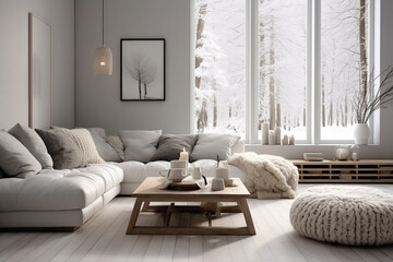 A monochromatic Scandinavian living room with a focus on textures, creating a visually interesting space.