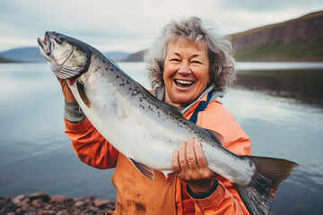 Fishing hobby concept Generative AI man woman catching big salmon fish on lake hobby sports