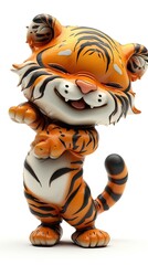 Obraz premium Cheerful, happy tiger cub, 3D image isolated on white background. Design for applique, printing, placement on paper, fabric, porcelain. Decoration of children's clothing, children's room. Printing in 