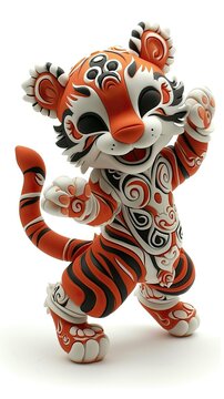 Cheerful, happy tiger cub, 3D image isolated on white background. Design for applique, printing, placement on paper, fabric, porcelain. Decoration of children's clothing, children's room. Printing in 