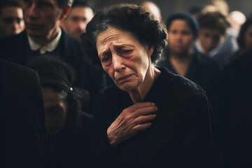 Portrait of a sad crying elderly woman at a funeral ceremony generative ai image - obrazy, fototapety, plakaty